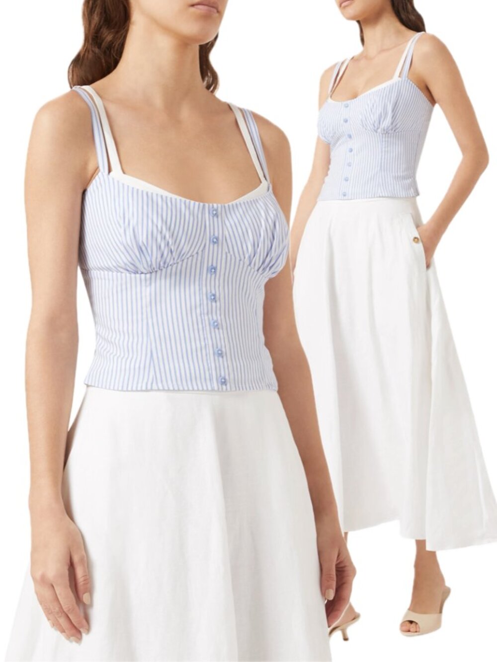Reformation Alanı Striped Double-Layered Sleeveless Bustier Top (Mineral Strip)